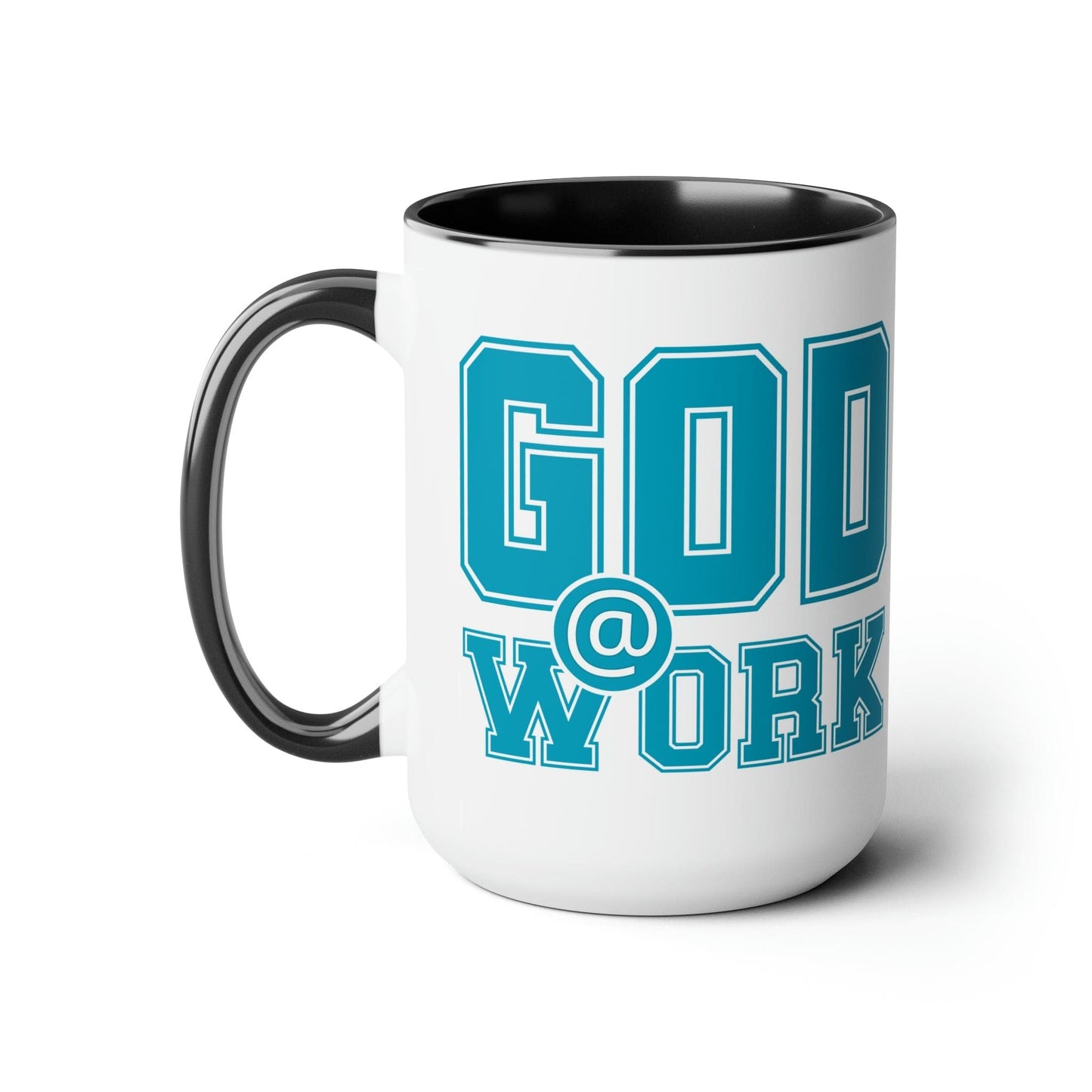Accent Ceramic Coffee Mug 15oz - God @ Work Blue Green And White Print